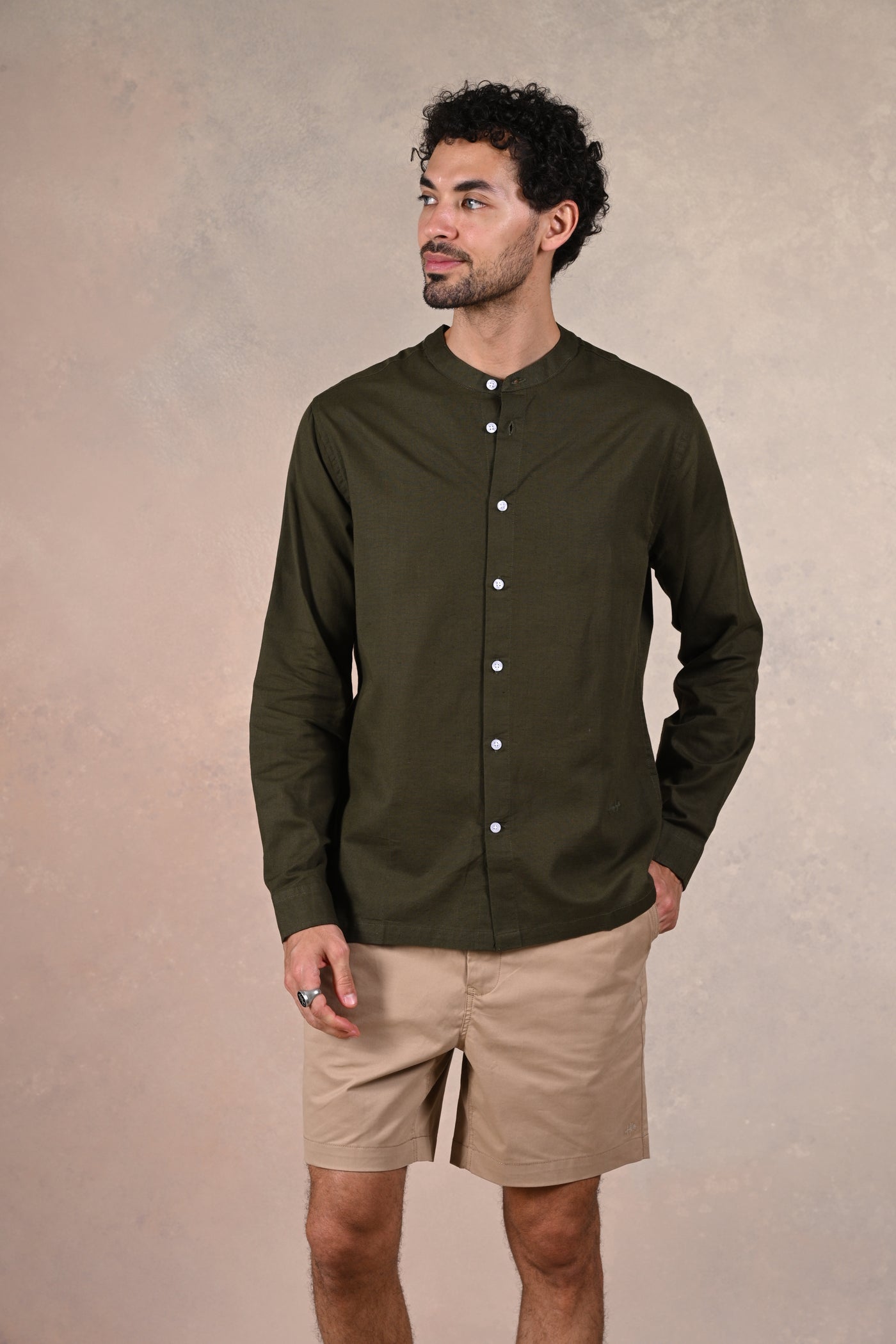 El Mandarin Classic Olive Pure Linen Shirt