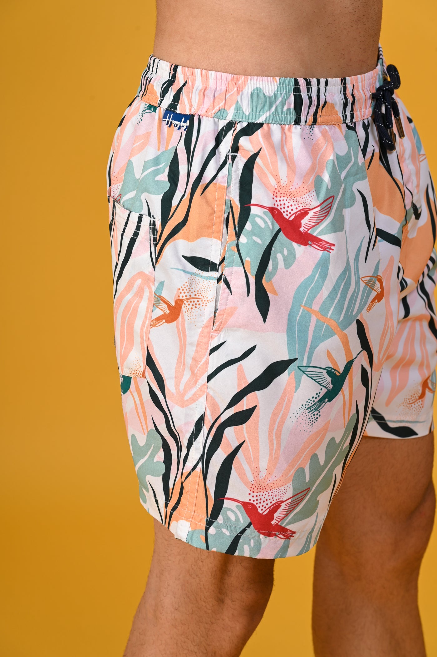 Happy Bay Printed Swim Shorts Tropical paradise design for ultimate relaxation. Get it today!