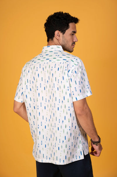 White resort shirt for men — perfect summerwear. Explore Island Dreams collection at Happy Bay Spain & Europe!