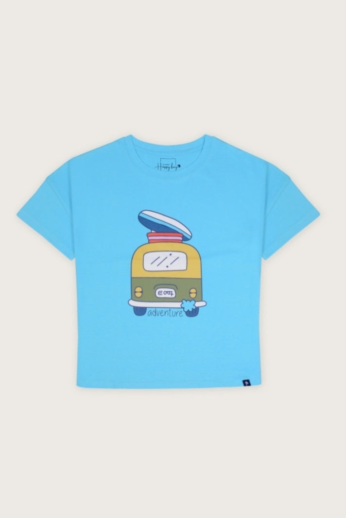 Women's summer T-shirt in sky blue — perfect for holidays. Shop Happy Bay Spain and UK today!