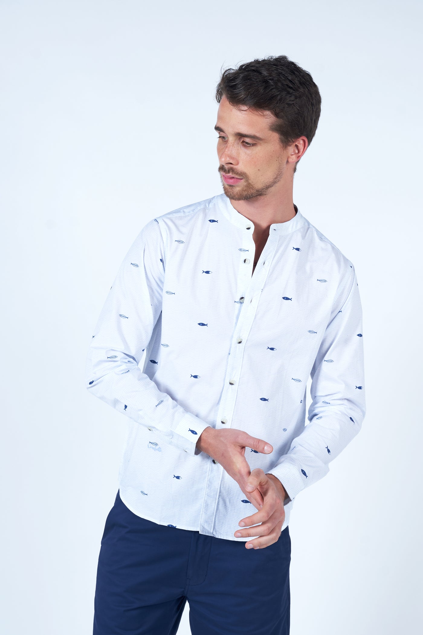 Elevate your look with this full-sleeve mandarin collar shirt in soft cotton - Shop today!