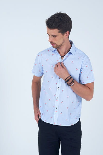 Stay stylish and comfortable in this fun flamingo-print half-sleeve cotton shirt - Shop now!